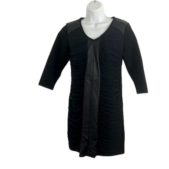 Nicole Benisti Ruched Black Faux Leather and Mesh Bodycon Dress - Picture 1 of 11